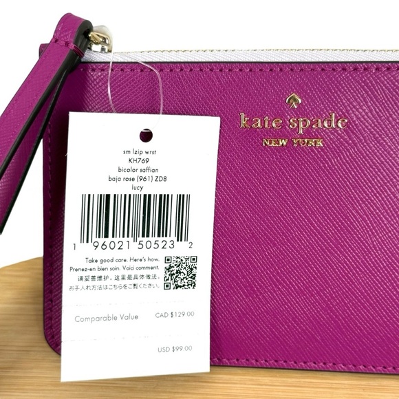 NWT Kate Spade Lucy Small Zip Wristlet Bicolor Saffian Leather Baja Rose KH769 - Picture 2 of 9